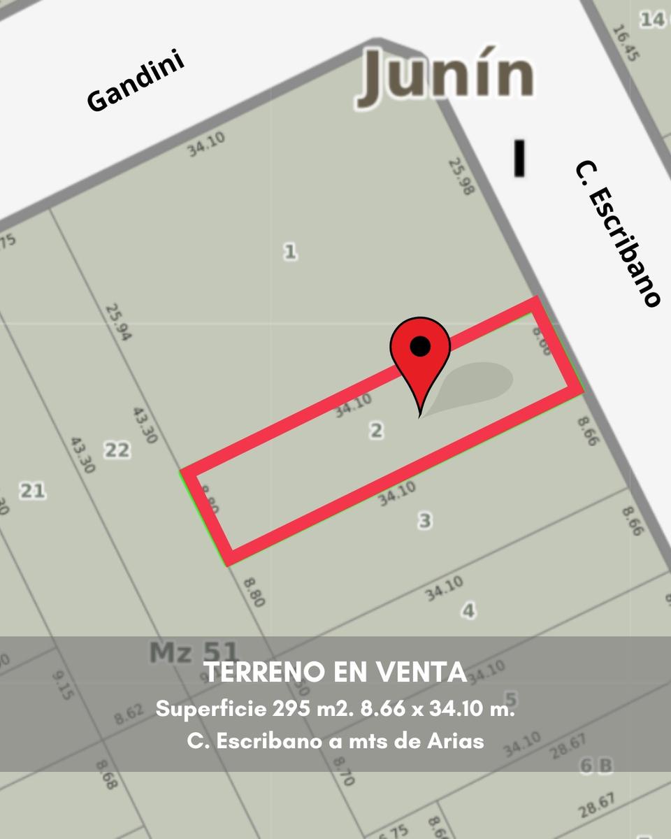 Terreno en venta sobre Cte. Escribano a mts, de Arias en Junin.